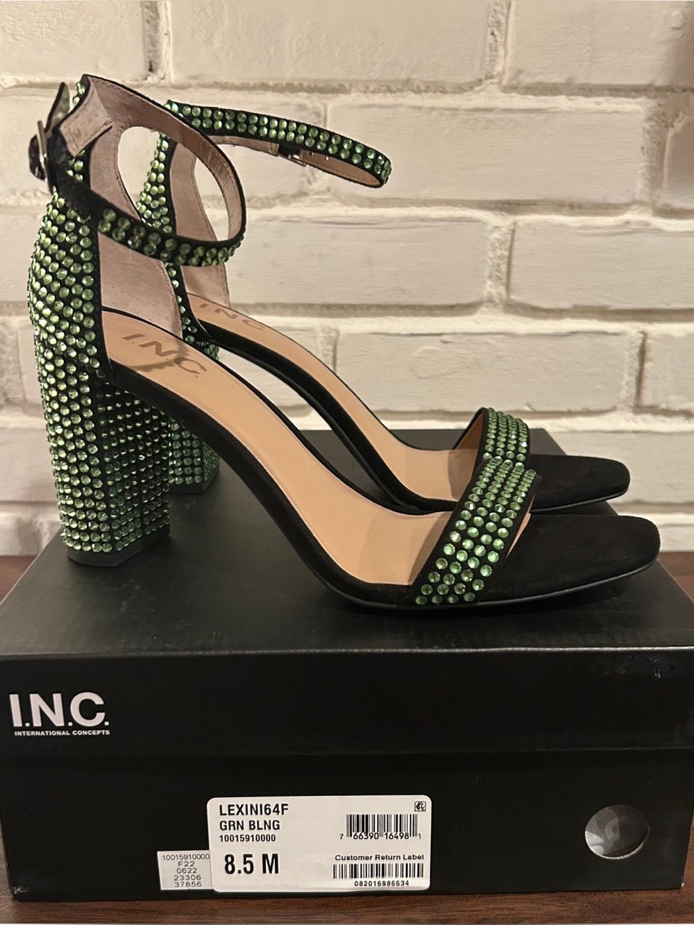 INC Black Green Rhinestone Block Heel Ankle Strap Sandals